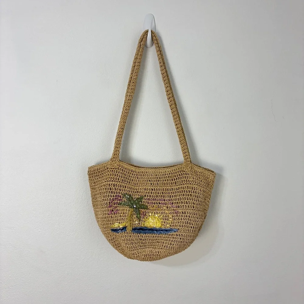 Woven Straw Tote Bag Tropical Beachy Embroidery Purse Vacation Resort Boho Women